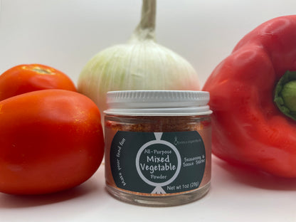 Mixed vegetable seasoning jar with whole fresh tomato, onion and red bell pepper